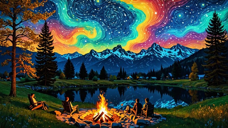 Pu&ograve; includere: Un fal&ograve; brucia intensamente davanti a tre persone sedute su sedie intorno ad esso. La scena &egrave; ambientata sullo sfondo di un lago, montagne e un cielo notturno vorticoso e colorato.