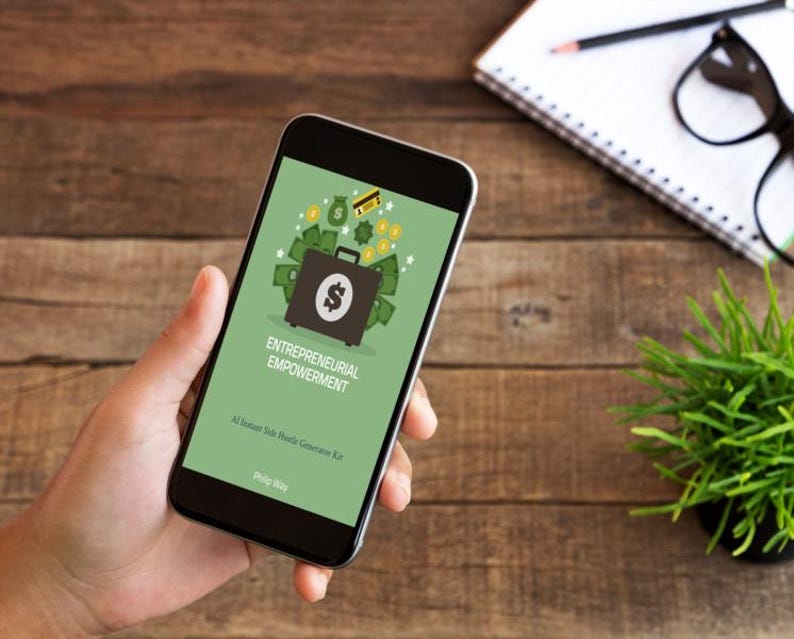 May include: A smartphone screen shows the words "Entrepreneurial Empowerment" and a briefcase graphic with a dollar sign, surrounded by money and a credit card. The phone is held in a hand, with a wooden background.