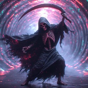 Puede incluir: Ilustraci&oacute;n digital de la Parca, una figura esquel&eacute;tica con una capa negra con capucha, sosteniendo una guada&ntilde;a. El fondo presenta un t&uacute;nel brillante con luces rojas, rosas y turquesas, creando una atm&oacute;sfera dram&aacute;tica y ominosa.
