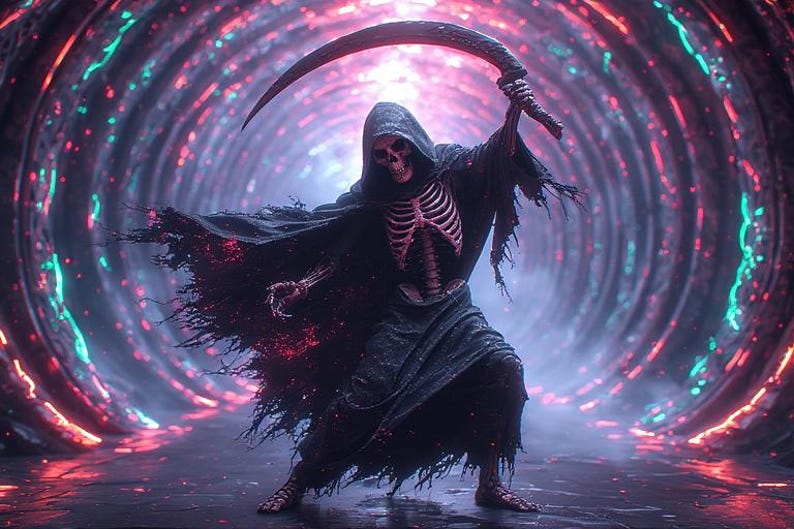 Puede incluir: Ilustraci&oacute;n digital de la Parca, una figura esquel&eacute;tica con una capa negra con capucha, sosteniendo una guada&ntilde;a. El fondo presenta un t&uacute;nel brillante con luces rojas, rosas y turquesas, creando una atm&oacute;sfera dram&aacute;tica y ominosa.