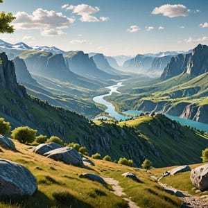 May include: A panoramic view of a valley with a winding river and a lake. The valley is surrounded by mountains with green grass and rocky cliffs. The sky is blue with white clouds.