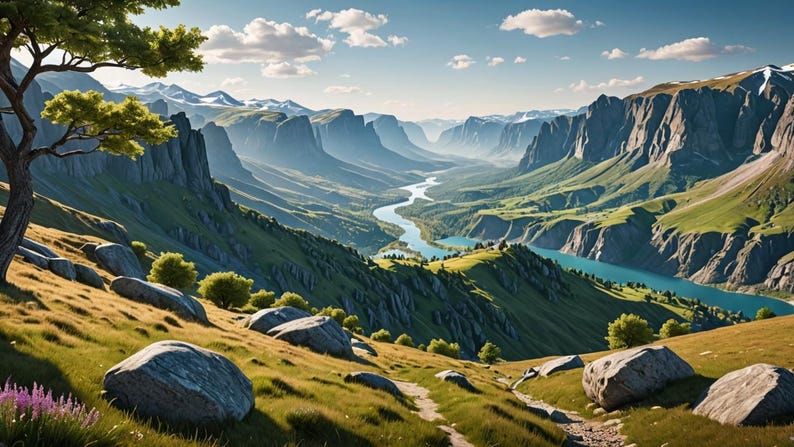 May include: A panoramic view of a valley with a winding river and a lake. The valley is surrounded by mountains with green grass and rocky cliffs. The sky is blue with white clouds.