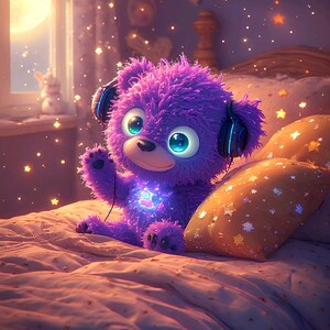 May include: A whimsical purple teddy bear with large, expressive eyes and headphones sits on a bed. The bear has a glowing emblem on its chest and is surrounded by sparkling lights. Pillows with star patterns add to the dreamy atmosphere.
