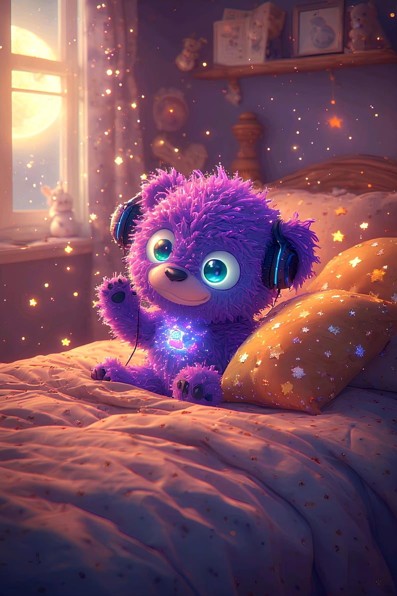 May include: A whimsical purple teddy bear with large, expressive eyes and headphones sits on a bed. The bear has a glowing emblem on its chest and is surrounded by sparkling lights. Pillows with star patterns add to the dreamy atmosphere.