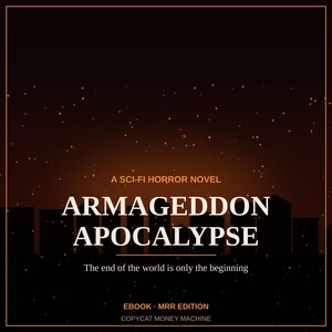K&ouml;nnte beinhalten: Ein Buchcover mit einem dunkelorangen Farbverlaufshimmel und Lichtpartikeln &uuml;ber einer schwarzen Stadtsilhouette. Text: A SCI-FI HORROR NOVEL, ARMAGEDDON APOCALYPSE, The end of the world is only the beginning, EBOOK MRR EDITION, COPYCAT MONEY MACHINE.