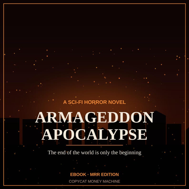 K&ouml;nnte beinhalten: Ein Buchcover mit einem dunkelorangen Farbverlaufshimmel und Lichtpartikeln &uuml;ber einer schwarzen Stadtsilhouette. Text: A SCI-FI HORROR NOVEL, ARMAGEDDON APOCALYPSE, The end of the world is only the beginning, EBOOK MRR EDITION, COPYCAT MONEY MACHINE.