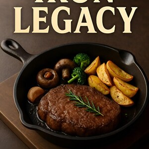 May include: A cast iron skillet with a steak, potatoes, mushrooms, and broccoli. The text "IRON LEGACY THE ESSENTIAL CAST IRON COOKBOOK: TECHNIQUES, CARE, AND OVER 30 RECIPES" is at the bottom of the image.