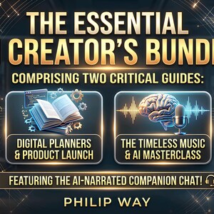 May include: The Essential AI Creator's Bundle featuring two guides: Digital Planners & Product Launch with an open book icon, and The Timeless Music & AI Masterclass with a brain and microphone icon, plus AI-narrated companion chat by Philip Way.