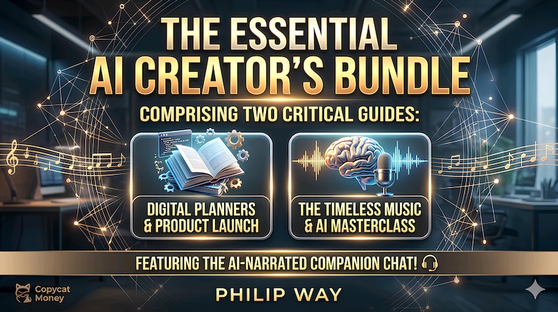 May include: The Essential AI Creator's Bundle featuring two guides: Digital Planners & Product Launch with an open book icon, and The Timeless Music & AI Masterclass with a brain and microphone icon, plus AI-narrated companion chat by Philip Way.