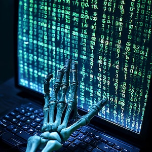 May include: A laptop displays a screen of green binary code. A skeletal hand rests on the keyboard, with the fingers reaching towards the screen. The scene is dark, with a blue-green color scheme.