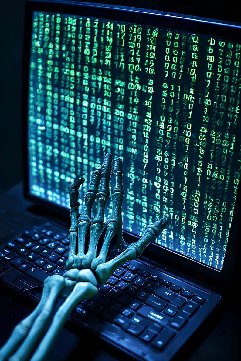 May include: A laptop displays a screen of green binary code. A skeletal hand rests on the keyboard, with the fingers reaching towards the screen. The scene is dark, with a blue-green color scheme.