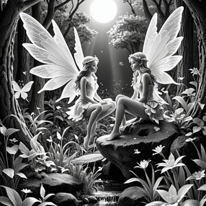 May include: Two fairies with wings sit on rocks by a stream in a black and white forest. The fairies are wearing flowing dresses and have long hair. The moon shines brightly in the sky.