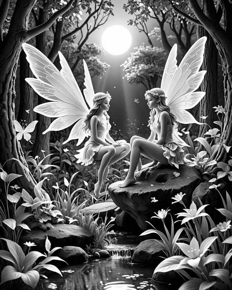 May include: Two fairies with wings sit on rocks by a stream in a black and white forest. The fairies are wearing flowing dresses and have long hair. The moon shines brightly in the sky.