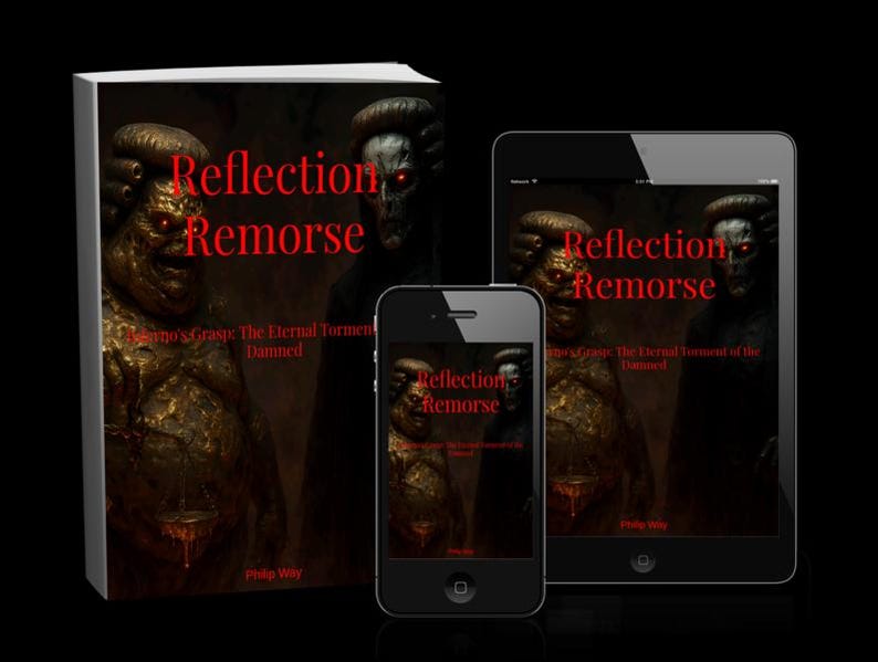 May include: A book, smartphone, and tablet display the cover art for "Reflection Remorse." The artwork features two figures with red eyes and the title in red text. The book's title is "Reflection Remorse" and the author is Philip Wily.