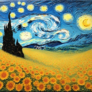 Op de afbeelding: Een olieverfschilderij dat een sterrennachthemel met wervelende wolken en heldergele sterren uitbeeldt. Een veld met zonnebloemen vult de voorgrond, met een donkere boom en een klein dorpje in de verte. Het kunstwerk is in impressionistische stijl.