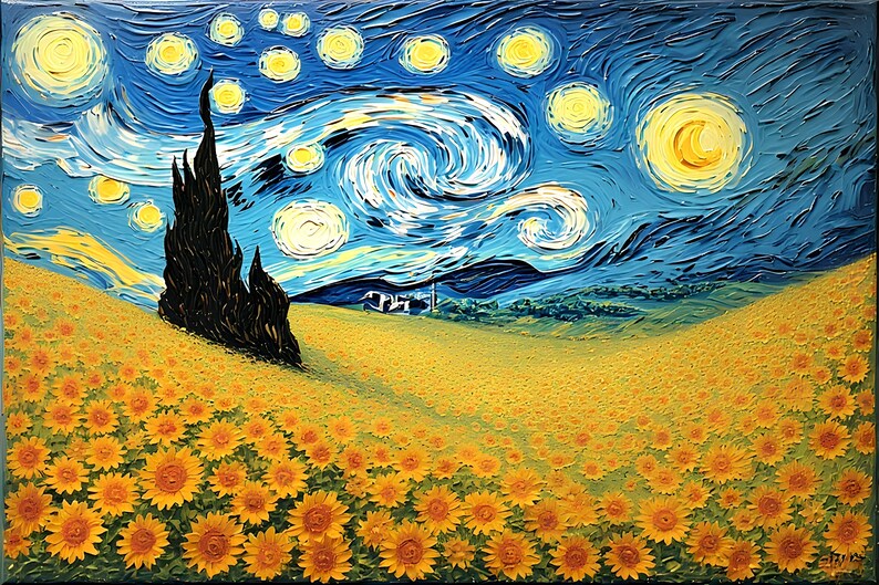 Op de afbeelding: Een olieverfschilderij dat een sterrennachthemel met wervelende wolken en heldergele sterren uitbeeldt. Een veld met zonnebloemen vult de voorgrond, met een donkere boom en een klein dorpje in de verte. Het kunstwerk is in impressionistische stijl.
