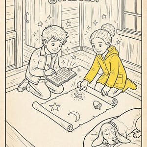 Puede incluir: Una p&aacute;gina para colorear titulada DECODING THE MYSTERY SYMBOLS! que muestra a dos ni&ntilde;os arrodillados, uno escribiendo en un cuaderno y el otro se&ntilde;alando un pergamino con s&iacute;mbolos. Un perro duerme en una cama y hay una clave de s&iacute;mbolos.