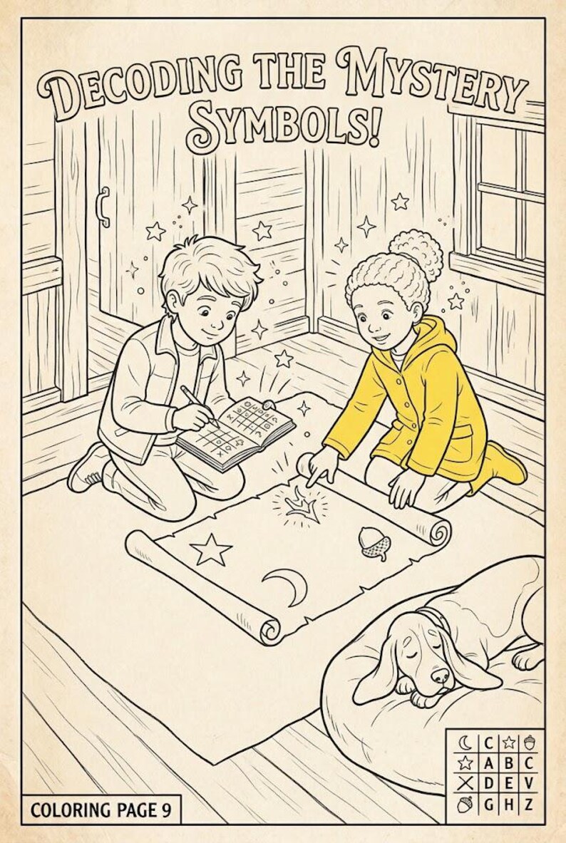 Puede incluir: Una p&aacute;gina para colorear titulada DECODING THE MYSTERY SYMBOLS! que muestra a dos ni&ntilde;os arrodillados, uno escribiendo en un cuaderno y el otro se&ntilde;alando un pergamino con s&iacute;mbolos. Un perro duerme en una cama y hay una clave de s&iacute;mbolos.