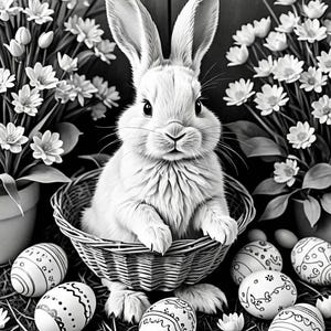 May include: A white bunny rabbit sits in a wicker basket surrounded by Easter eggs with black and white designs. The bunny is looking directly at the camera. The background is a blurry image of white flowers.