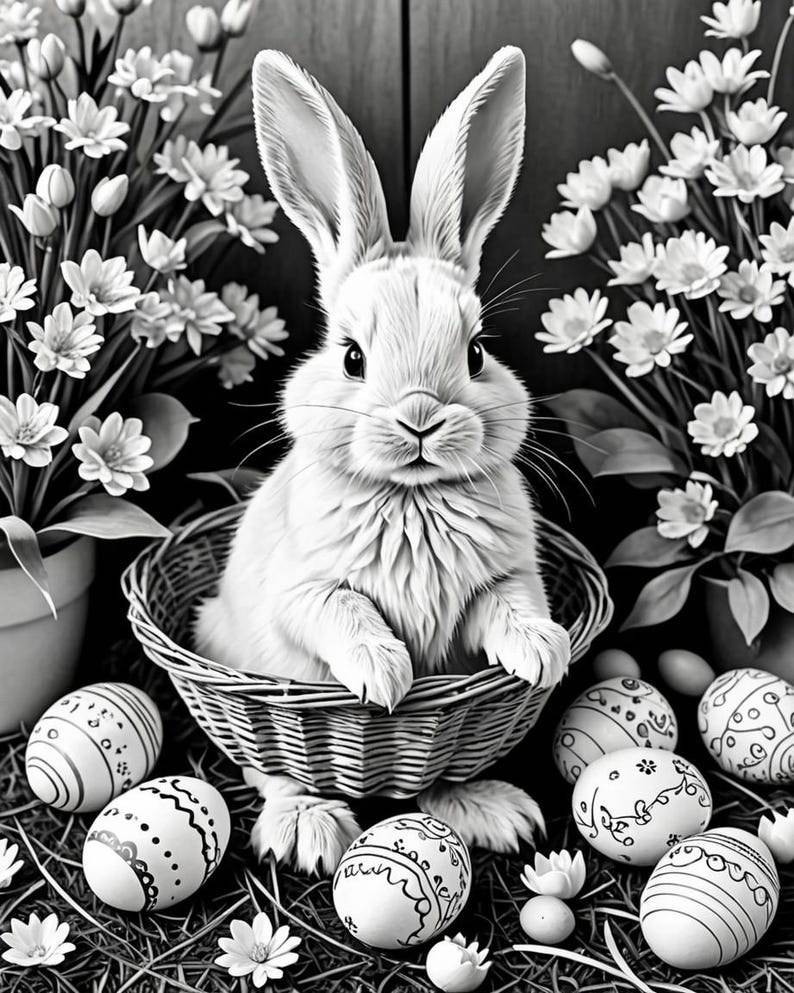 May include: A white bunny rabbit sits in a wicker basket surrounded by Easter eggs with black and white designs. The bunny is looking directly at the camera. The background is a blurry image of white flowers.