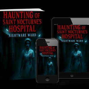 K&ouml;nnte beinhalten: Ein Buch, ein Smartphone und ein Tablet zeigen das Cover von "Haunting of Saint Nocturne's Hospital: Nightmare Ward". Das Cover zeigt eine geisterhafte Krankenschwester in einer blau get&ouml;nten, unheimlichen Umgebung. Der Titel ist rot.