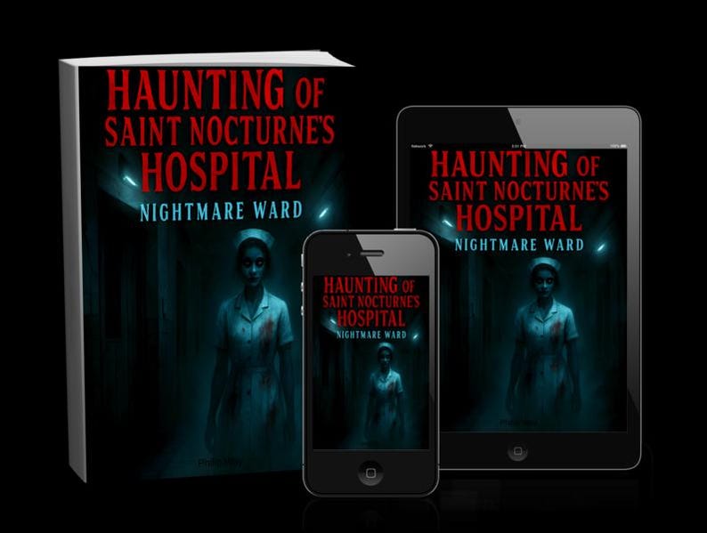 K&ouml;nnte beinhalten: Ein Buch, ein Smartphone und ein Tablet zeigen das Cover von "Haunting of Saint Nocturne's Hospital: Nightmare Ward". Das Cover zeigt eine geisterhafte Krankenschwester in einer blau get&ouml;nten, unheimlichen Umgebung. Der Titel ist rot.