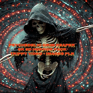 May include: A digital illustration of a skeletal Grim Reaper figure with a black hooded cloak, set against a swirling, psychedelic background of red and blue lights. Text in red font reads "PSYCHEDELIC GRIM REAPER" and "8K 3D HORROR PACK".