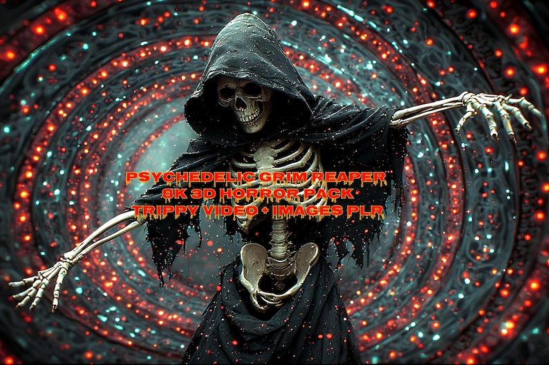 Puede incluir: Ilustraci&oacute;n digital de una figura esquel&eacute;tica de la Parca con una capa con capucha negra, sobre un fondo psicod&eacute;lico arremolinado de luces rojas y azules. El texto en fuente roja dice "PSYCHEDELIC GRIM REAPER" y "8K 3D HORROR PACK".