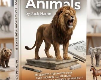May include: A hardcover book titled How To Draw Animals by Jack Hamm with a cover featuring a roaring lion on a stone base. The cover includes text stating Modernized Step-By-Step Guide, Over 1,000 New Illustrations, and Basic Fundamentals To Advanced Techniques.