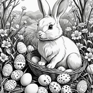 May include: A black and white illustration of a rabbit sitting in a basket with a variety of Easter eggs. The rabbit is surrounded by flowers and grass.