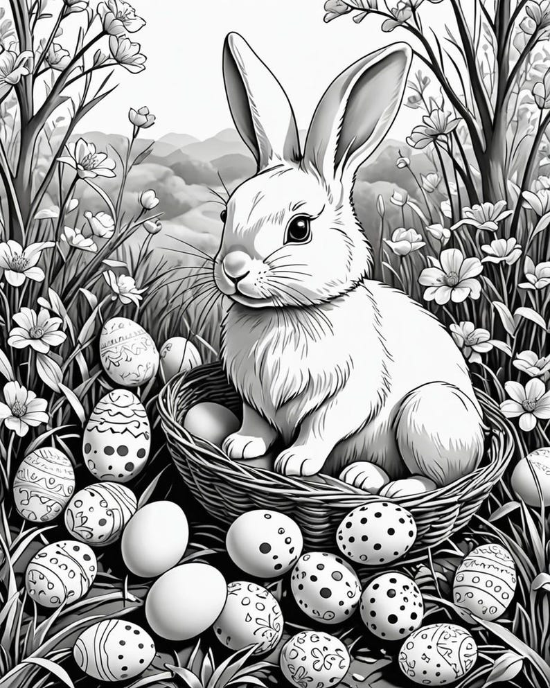 May include: A black and white illustration of a rabbit sitting in a basket with a variety of Easter eggs. The rabbit is surrounded by flowers and grass.