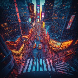 May include: An aerial view of a bustling city street at dusk. Tall buildings with illuminated signs line the street, filled with pedestrians and traffic. The crosswalk is visible in the foreground, with a vibrant color palette of blues, oranges, and reds.