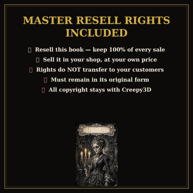 May include: A black informational graphic with gold text reading MASTER RESELL RIGHTS INCLUDED, detailing resale terms, and a small illustration of a person in a dark dress holding a candelabra with a blank rectangular frame above.