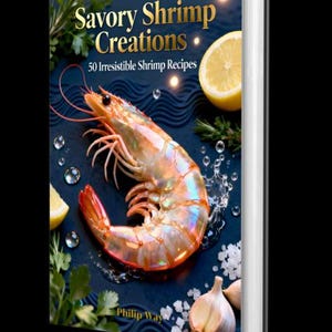 May include: A cookbook titled "Savory Shrimp Creations" with a large shrimp on the cover. The cover also features lemon slices, parsley, garlic, and water droplets. The book's title and subtitle are in gold lettering.