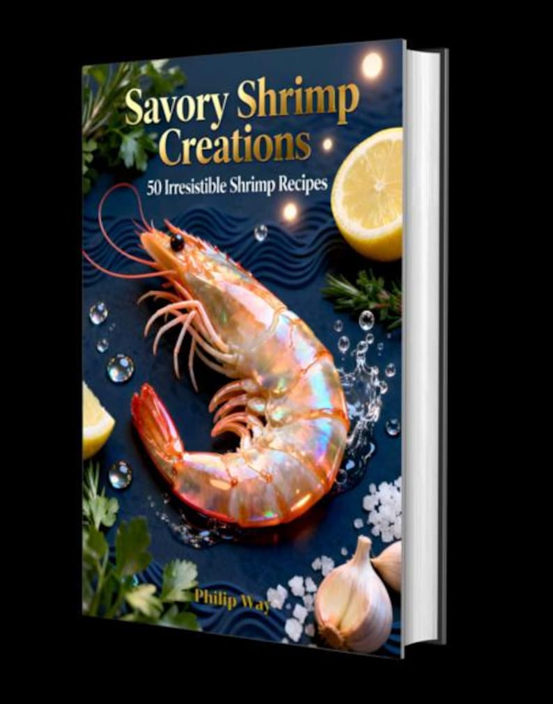 May include: A cookbook titled "Savory Shrimp Creations" with a large shrimp on the cover. The cover also features lemon slices, parsley, garlic, and water droplets. The book's title and subtitle are in gold lettering.