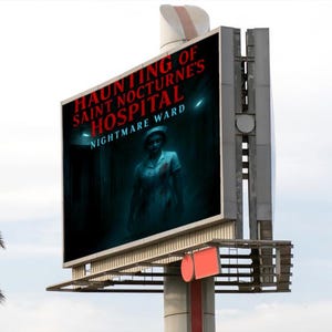 K&ouml;nnte beinhalten: Eine Werbetafel mit dem Text "HAUNTING OF SAINT NOCTURNE'S HOSPITAL NIGHTMARE WARD" in Rot und Wei&szlig;. Das Bild zeigt eine geisterhafte Krankenschwester in einem Krankenhaus. Die Werbetafel ist auf einer Metallkonstruktion montiert.