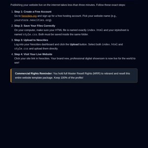 May include: A digital document titled Website in a Box - Master Manual, Page 7. It features Module 4: Step-by-Step Instructions to Upload to Neocities, outlining four steps for website hosting, and a Commercial Rights Reminder regarding Master Resell Rights.