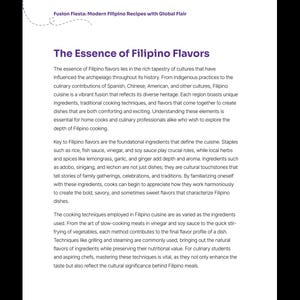 K&ouml;nnte beinhalten: Digitales Bild einer Buchseite mit dem Titel "The Essence of Filipino Flavors" aus "Fusion Fiesta: Modern Filipino Recipes with Global Flair". Der Text beschreibt die kulturellen Einfl&uuml;sse, Zutaten und Kochtechniken der philippinischen K&uuml;che.