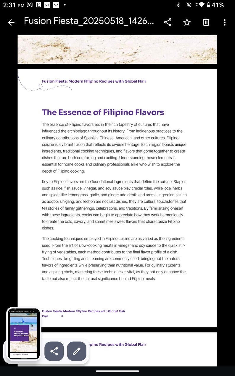 K&ouml;nnte beinhalten: Digitales Bild einer Buchseite mit dem Titel "The Essence of Filipino Flavors" aus "Fusion Fiesta: Modern Filipino Recipes with Global Flair". Der Text beschreibt die kulturellen Einfl&uuml;sse, Zutaten und Kochtechniken der philippinischen K&uuml;che.