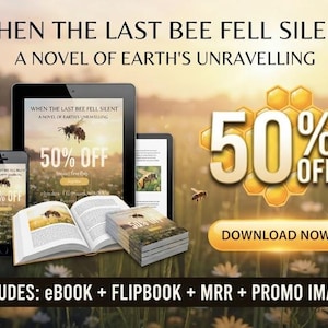 Może przedstawiać: Cyfrowy pakiet produkt&oacute;w z książką When the Last Bee Fell Silent: A Novel of Earth's Unravelling na tablecie, smartfonie i otwartej książce, z grafiką 50% off, przyciskiem pobierania oraz tekstem ebook, flipbook, MRR i promo images.