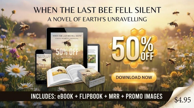 Może przedstawiać: Cyfrowy pakiet produkt&oacute;w z książką When the Last Bee Fell Silent: A Novel of Earth's Unravelling na tablecie, smartfonie i otwartej książce, z grafiką 50% off, przyciskiem pobierania oraz tekstem ebook, flipbook, MRR i promo images.