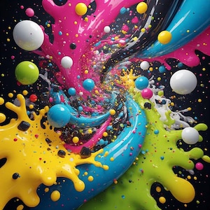 Pu&ograve; includere: Opera d'arte digitale astratta con un'esplosione di colori vivaci. Schizzi di vernice gialla, rosa, blu e verde eruttano da un punto centrale, accompagnati da sfere sparse di vari colori su sfondo nero.