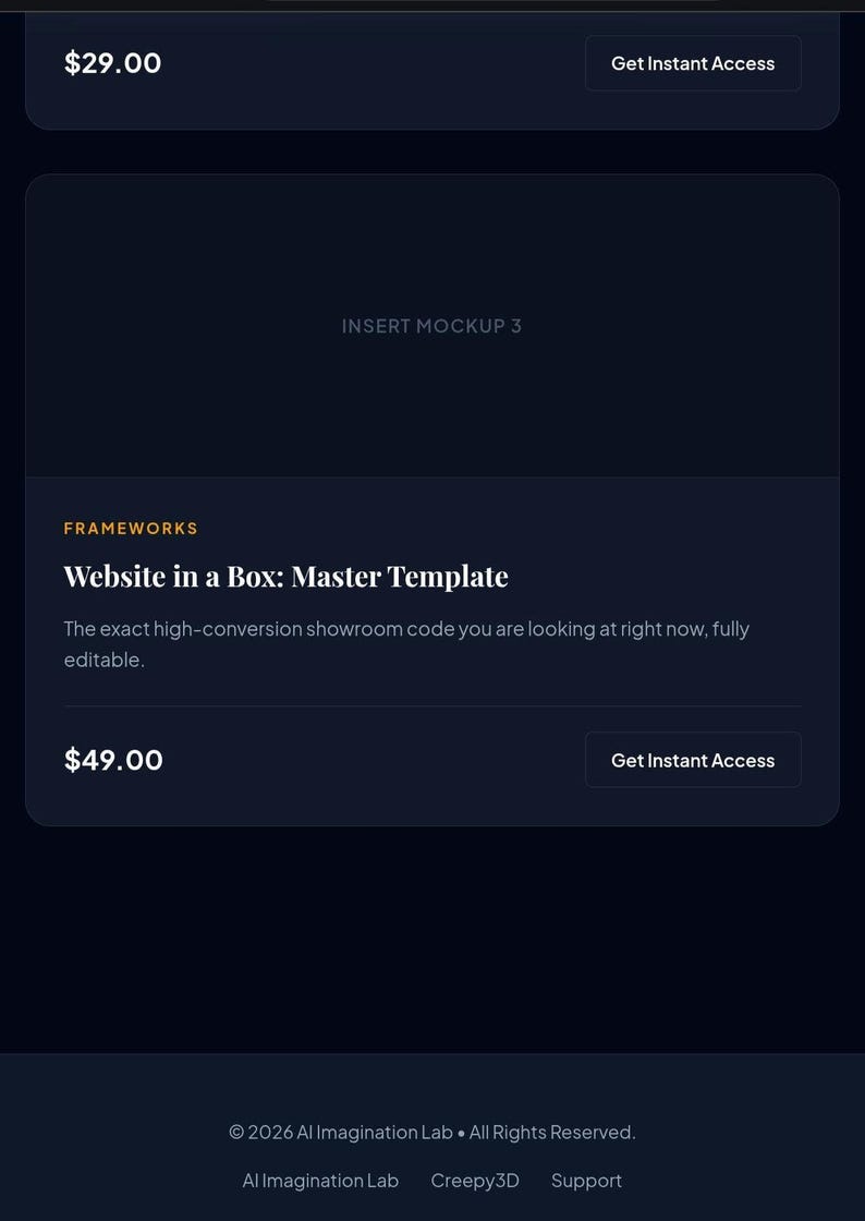 May include: A dark interface featuring a product card titled Website in a Box: Master Template. The card includes the text The exact high-conversion showroom code you are looking at right now, fully editable, and a button labeled Get Instant Access.