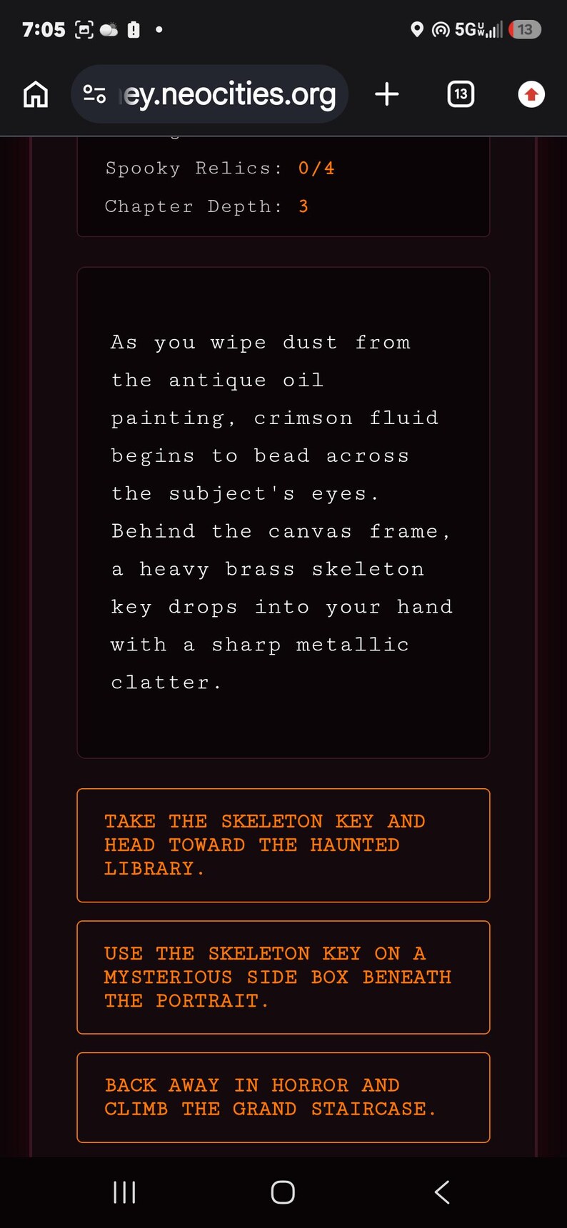 May include: A digital interface displaying text on a dark background. The text reads: Spooky Relics: 0/4, Chapter Depth: 3, followed by a narrative paragraph about an antique oil painting and a brass skeleton key, with three orange-bordered action buttons.