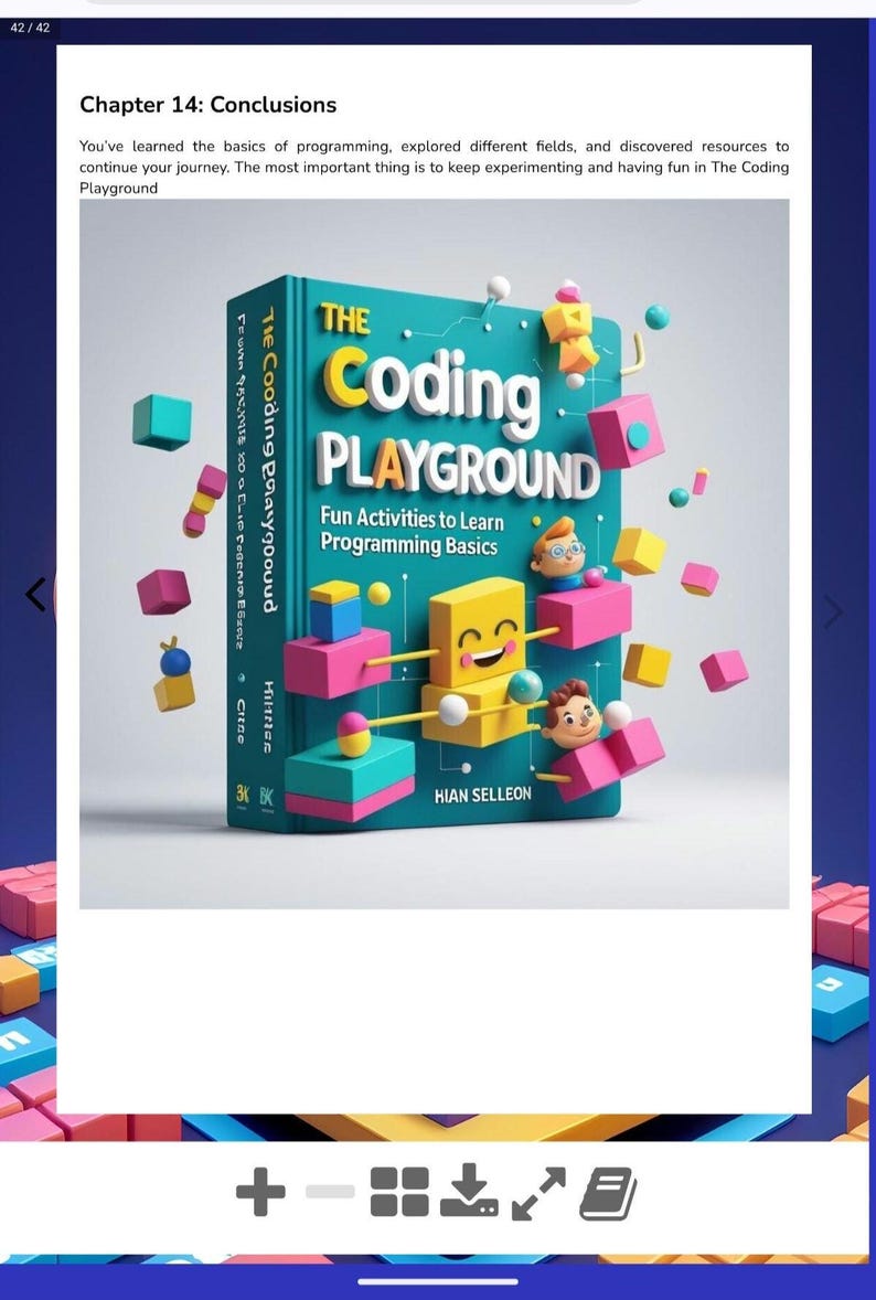 Pode incluir: Um livro azul-petr&oacute;leo intitulado The Coding Playground: Fun Activities to Learn Programming Basics de Hian Selleon. A capa apresenta um personagem de bloco amarelo com um rosto, cercado por blocos e esferas flutuantes rosas, amarelos e azul-petr&oacute;leo.