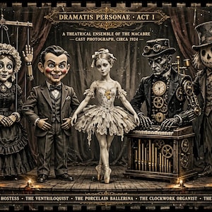 May include: A theatrical ensemble of five figures: a puppet hostess, a ventriloquist, a porcelain ballerina, a clockwork organist, and a scarecrow. The image features the text DRAMATIS PERSONAE ACT I and lists the character names below.