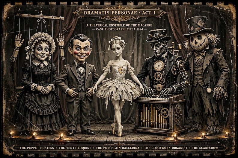 May include: A theatrical ensemble of five figures: a puppet hostess, a ventriloquist, a porcelain ballerina, a clockwork organist, and a scarecrow. The image features the text DRAMATIS PERSONAE ACT I and lists the character names below.
