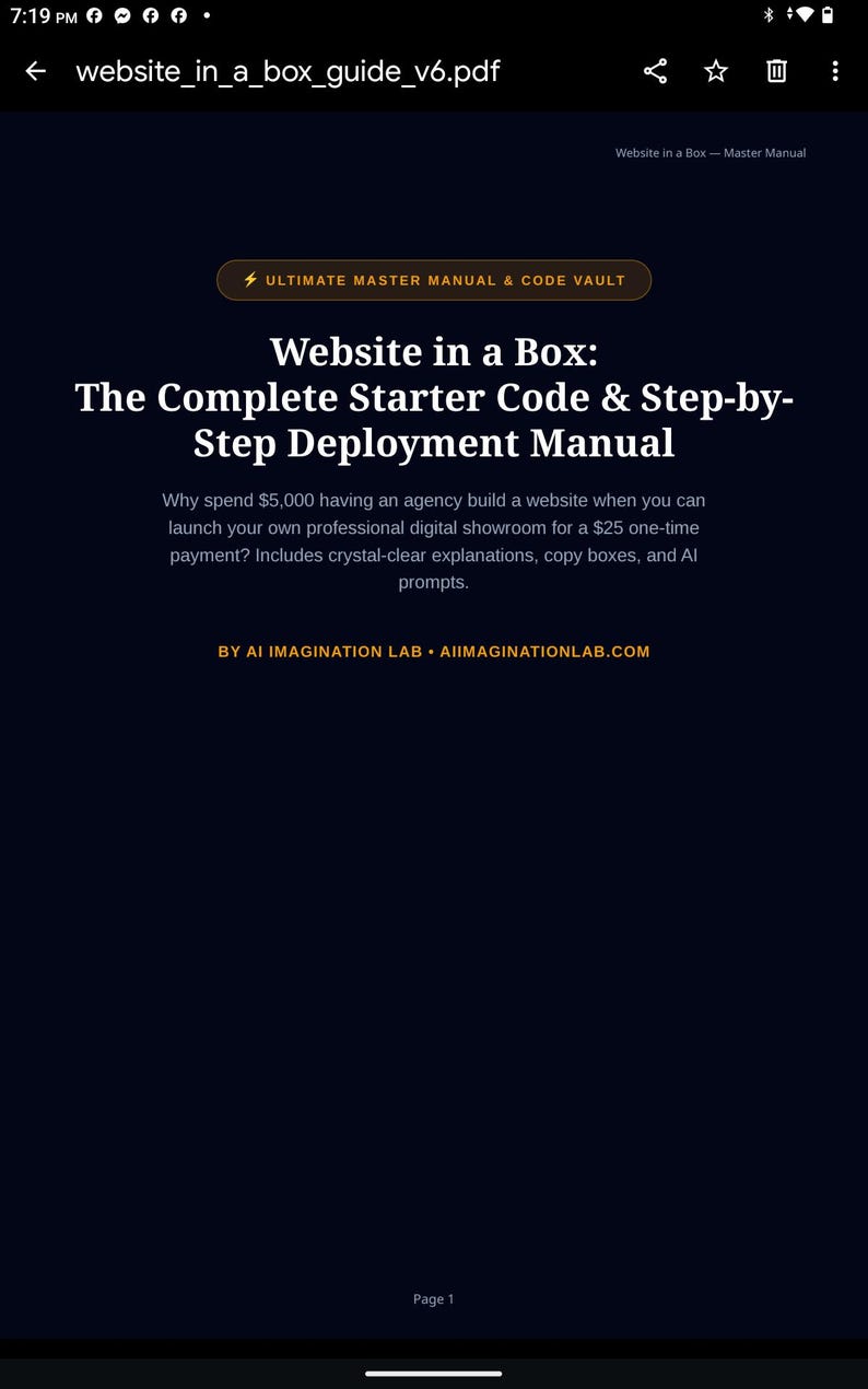 May include: A dark blue digital manual titled Website in a Box: The Complete Starter Code & Step-by-Step Deployment Manual. It features the text Ultimate Master Manual & Code Vault, along with descriptions of the contents and AI prompts.