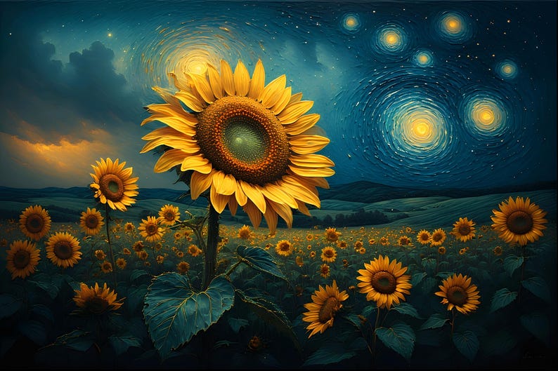 Op de afbeelding: Een levendig schilderij van een zonnebloemveld onder een sterrenhemel. De zonnebloemen staan in volle bloei met heldergele bloemblaadjes en donkerbruine centra. De lucht gaat over van donkerblauw naar een wervelend patroon van sterren.