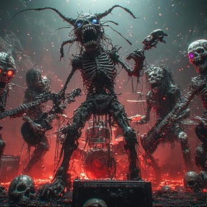 May include: A digital illustration of a skeletal heavy metal band performing on stage. The band members, with glowing eyes, play guitars and drums in a dark, fiery environment. Skulls are scattered on the ground.